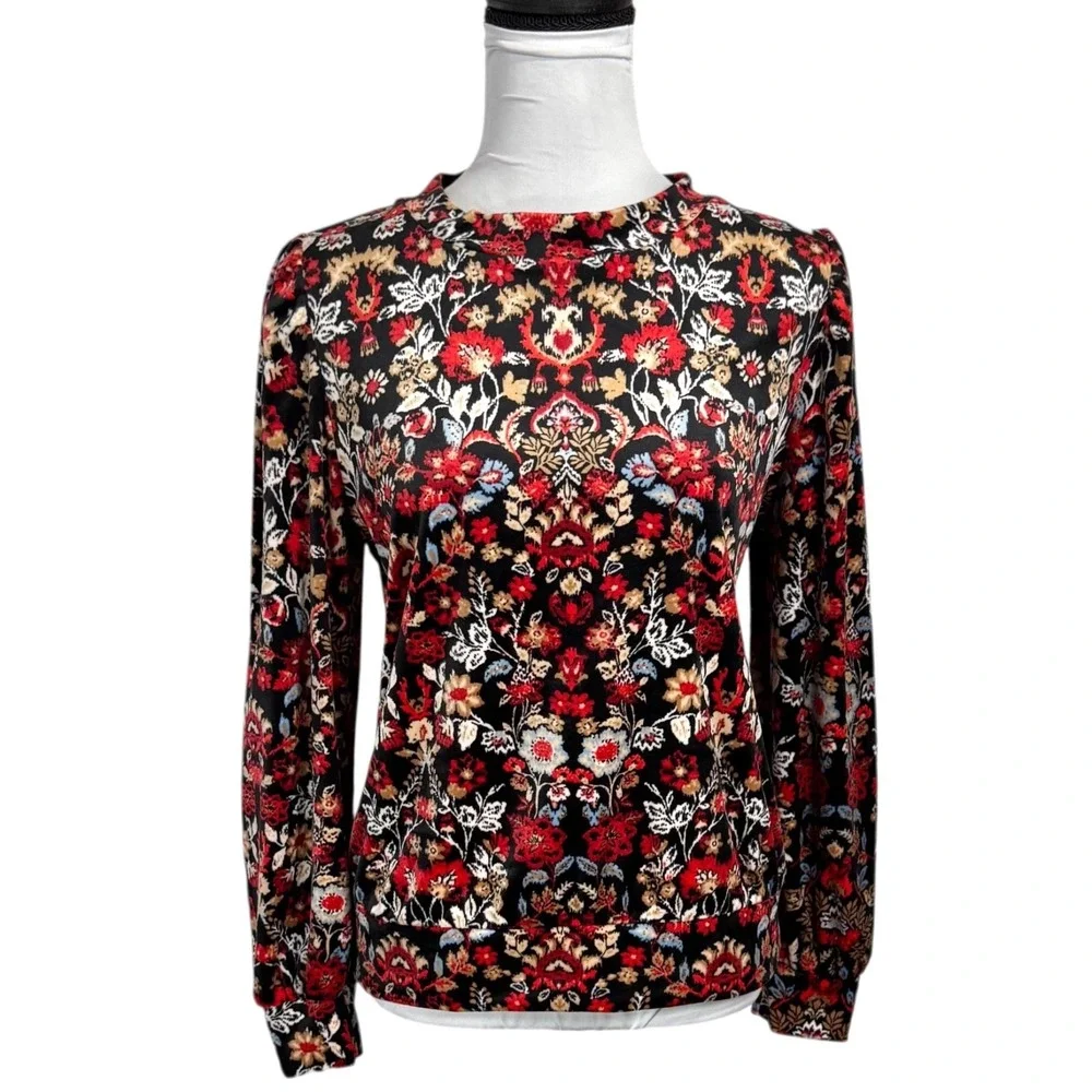 LOFT‎ Dark Floral Velour Pullover Romantic Velvet Top Size S Victorian Witchy